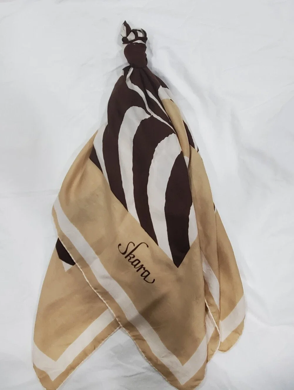 Vintage Skara Square Scarf 34x34 Brown Tan Cream Abstract Silky Feel